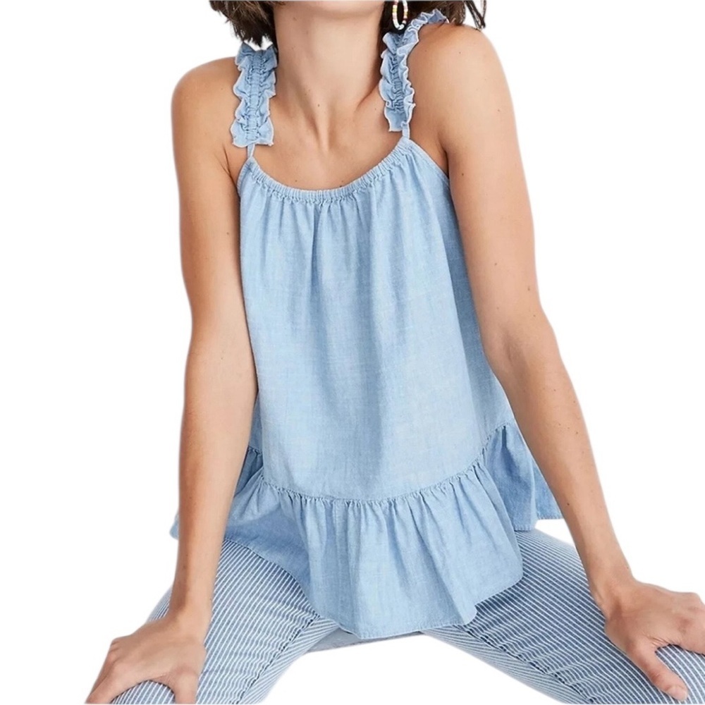 Madewell Cotton Ruffle-Strap Chambray Denim Blue Cami Top Size 00